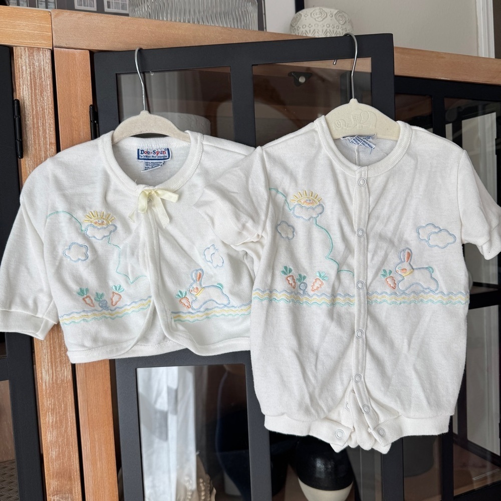 Vintage 70s Doespun cardigan onesie set bunny embroidered baby romper unisex